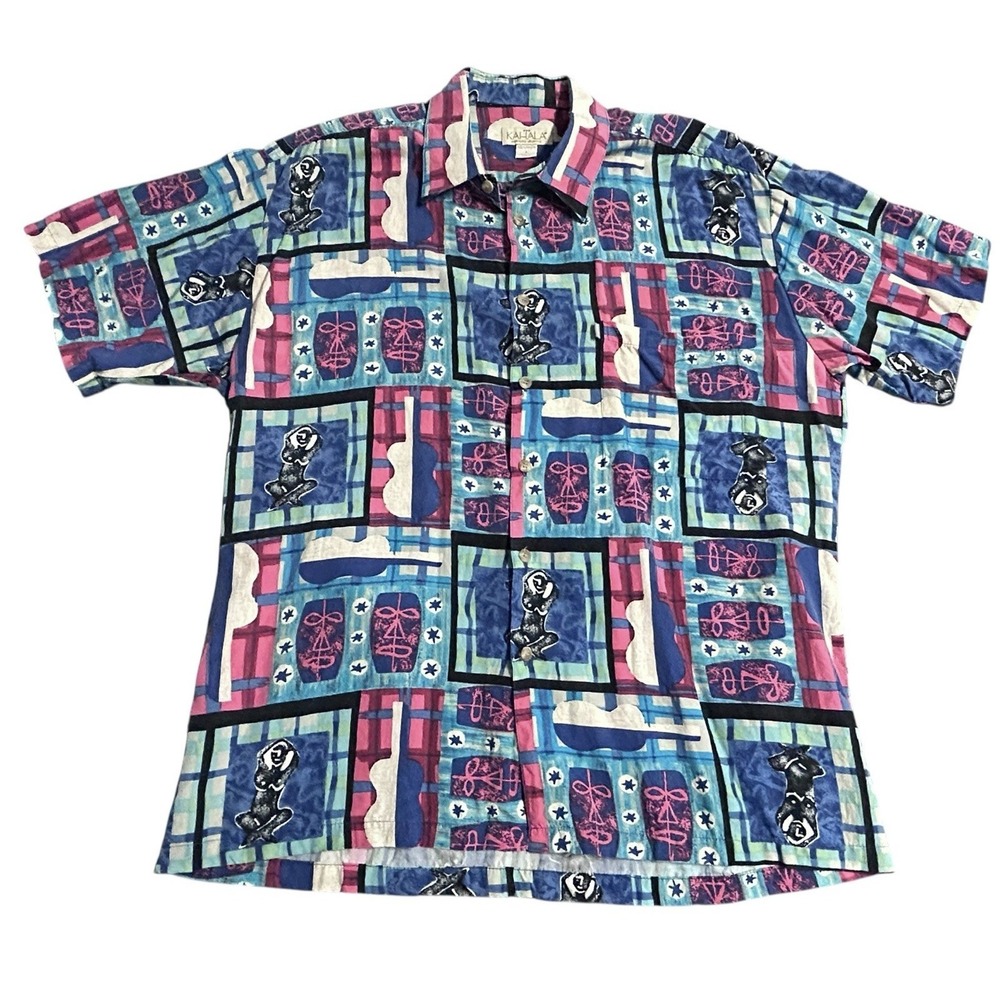 Vintage Kahala Hawaiian Shirt‎ Block Patchwork Tiki Large Novelty Y2K Resortwear